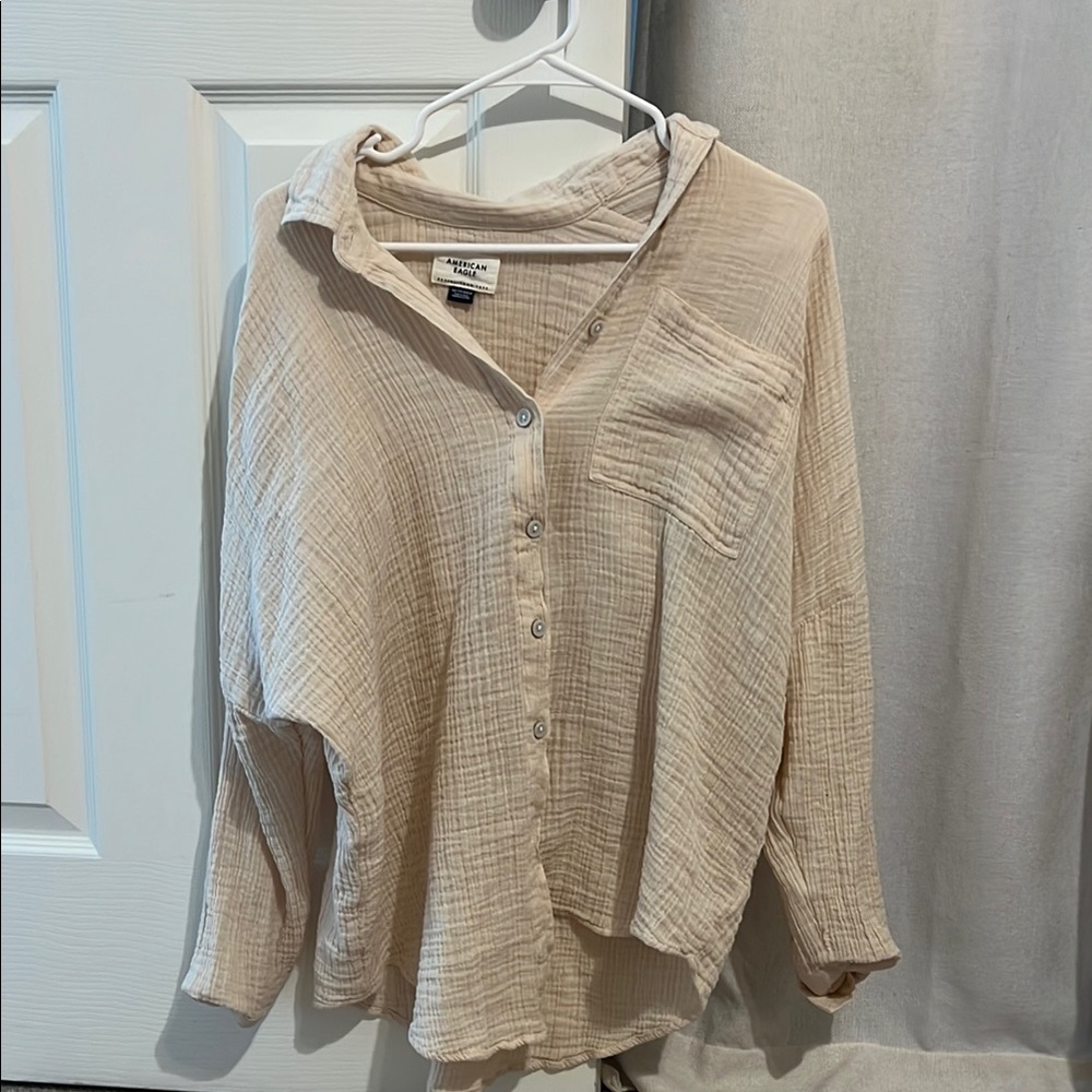 American Eagle Tan Cream Boxy Button Down Shirt, XS